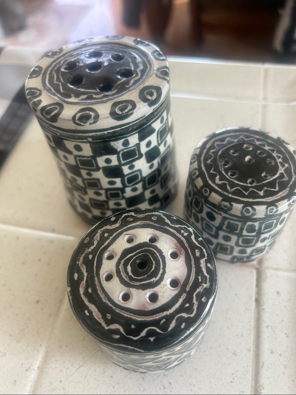 Handcrafted Black & Cream Ceramic Salt and Pepper Shakers Set with toothpicks